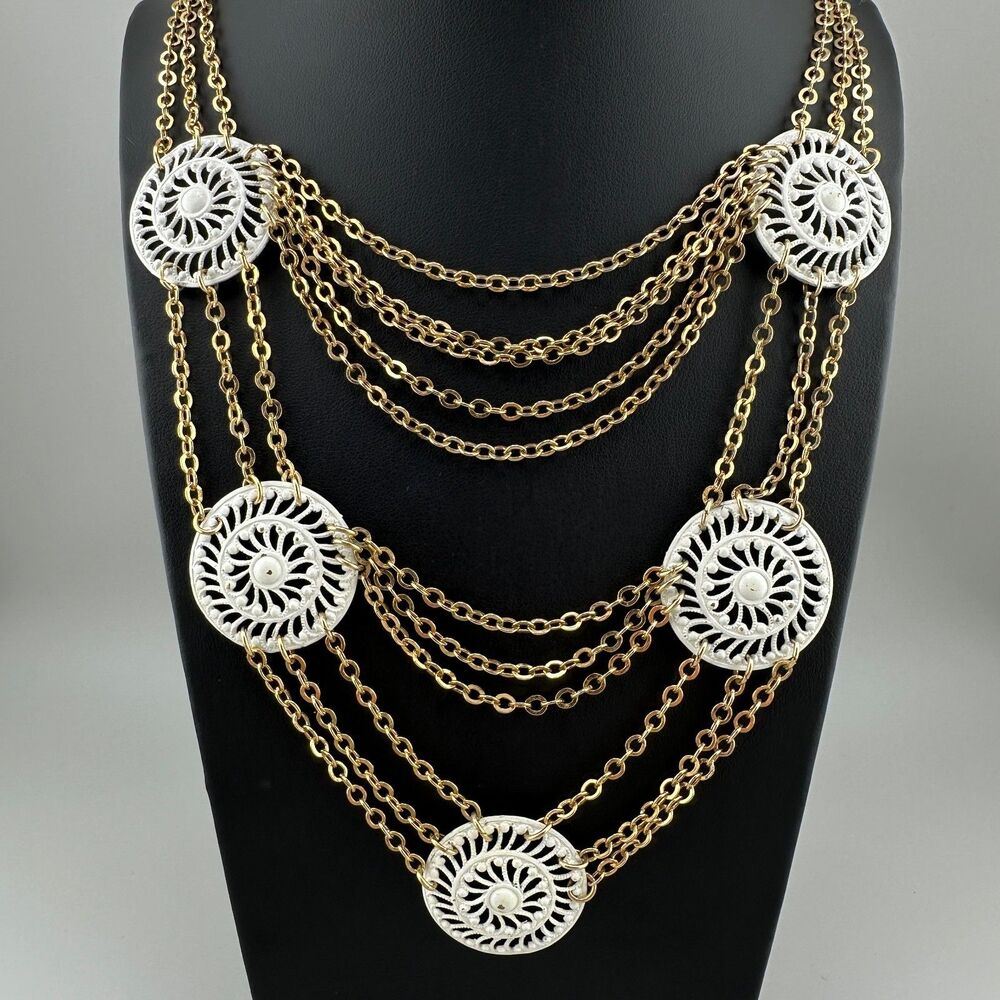 Vintage Layered Bib Necklace Multi Strand Chain White Enamel Filigree Medallions